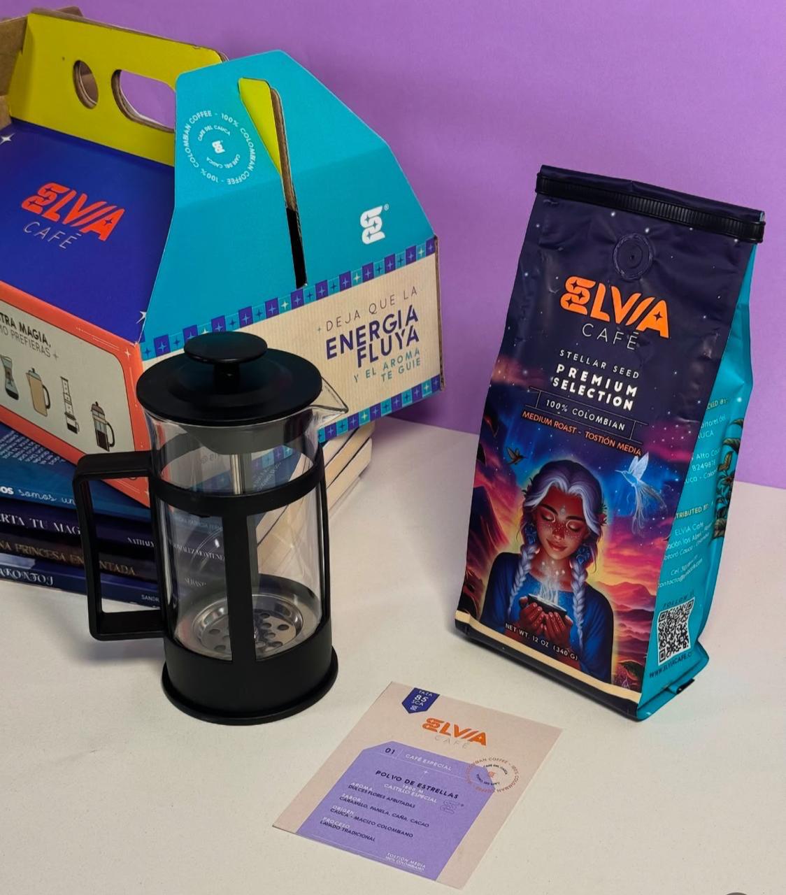 Kit de regalo Elvia Café con café de especialidad, prensa francesa, libros y caja de regalo