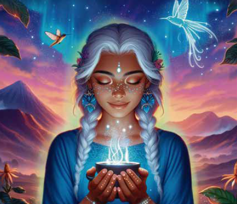 Ilustración de Elvia, mujer cafetera del Cauca, sosteniendo un cuenco luminoso entre montañas al atardecer