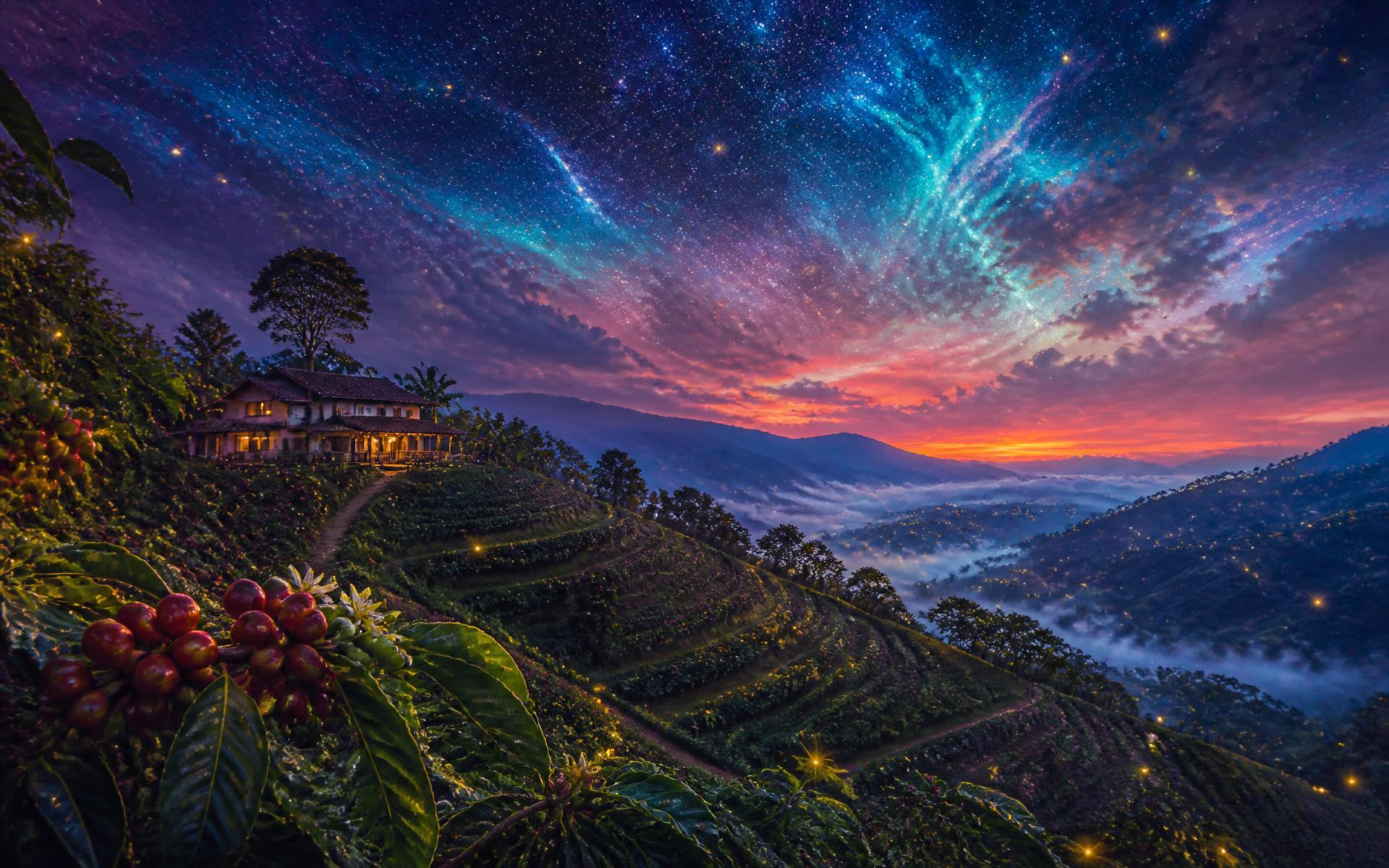 Cafetales del Cauca bajo un cielo estrellado